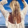 White Crochet Fringe Top Boho Long Sleeve Fishnet Weave Crop Top Beach Cover Up One Size -Layer Outfit 11975335116844 1