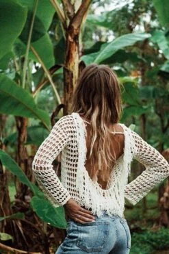 White Crochet Fringe Top Boho Long Sleeve Fishnet Weave Crop Top Beach Cover Up One Size -Layer Outfit 11975335706668 4
