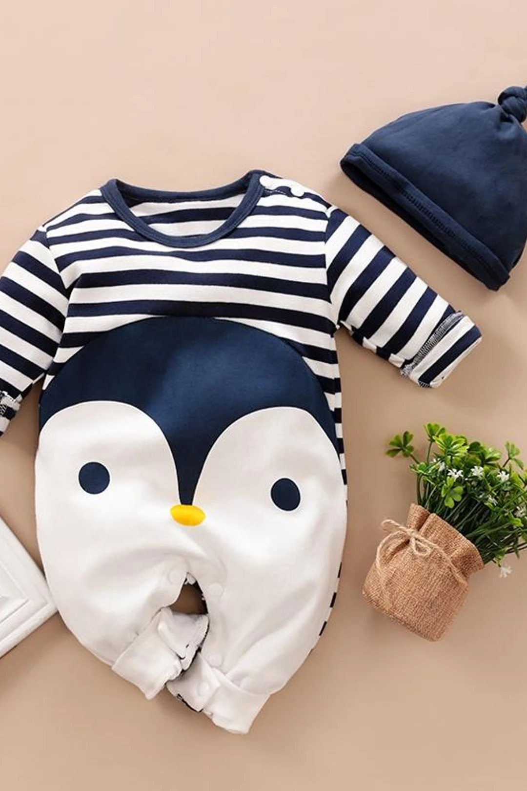 Striped Penguin Print Jumpsuit And Hat 3 Striped Penguin Print Jumpsuit And Hat