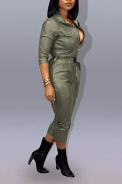 Leather Plus Size Turndown Collar PU Jumpsuit -Layer Outfit 13093860048992 6