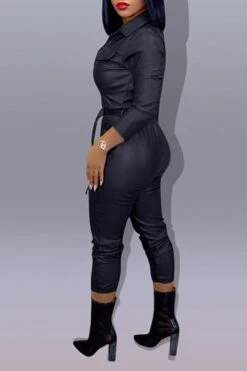 Leather Plus Size Turndown Collar PU Jumpsuit -Layer Outfit 13093860147296 11