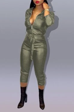 Leather Plus Size Turndown Collar PU Jumpsuit