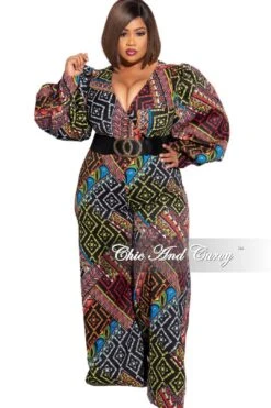 Final Sale Plus Size Faux Wrap Tie Jumpsuit In Multi-Color Design Print