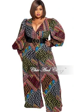Final Sale Plus Size Faux Wrap Tie Jumpsuit In Multi-Color Design Print -Layer Outfit 14991947137129 3
