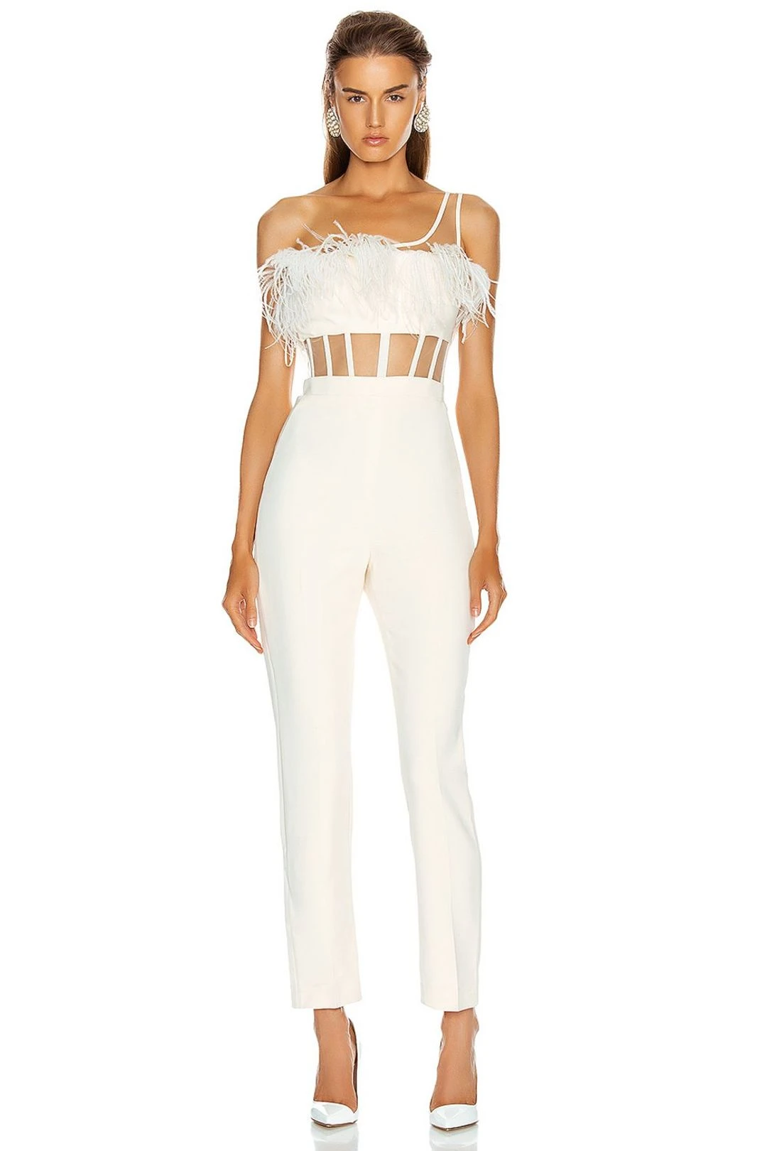 One Shoulder Feather Mesh Bandage Patchwork Jumpsuit 4 One Shoulder Feather Mesh Bandage Patchwork Jumpsuit - Image 2