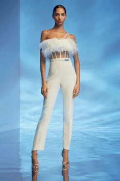 One Shoulder Feather Mesh Bandage Patchwork Jumpsuit