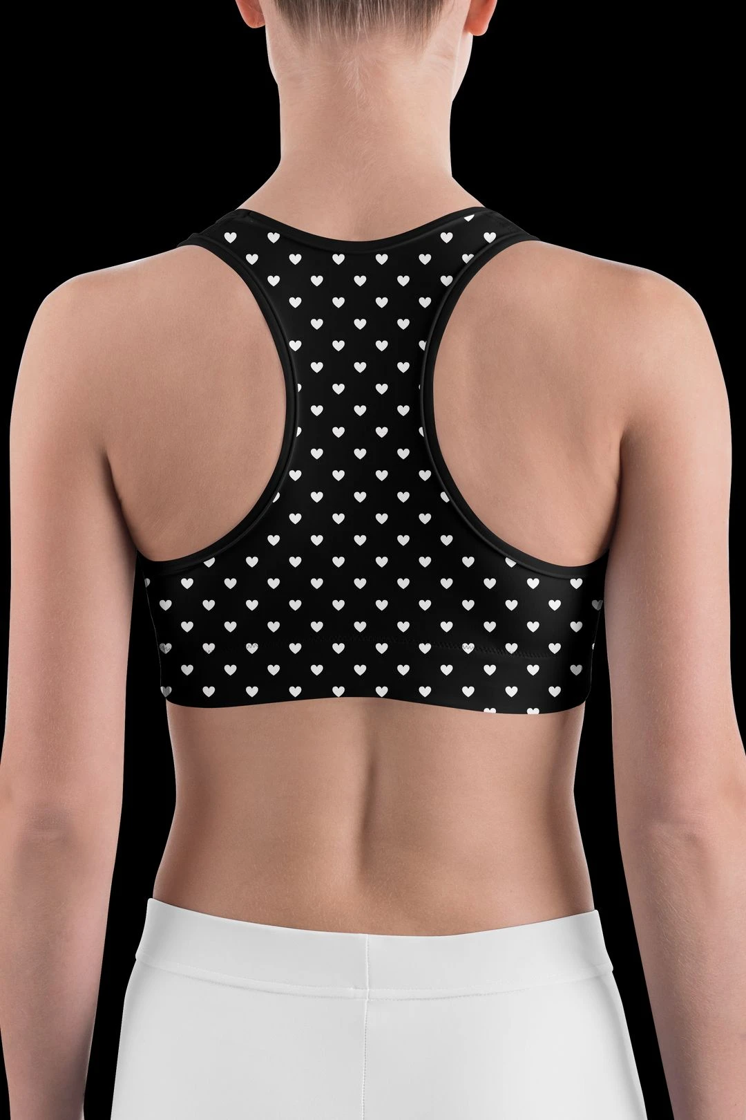 White Mini Hearts Black Sports Bra 7 White Mini Hearts Black Sports Bra - Image 5