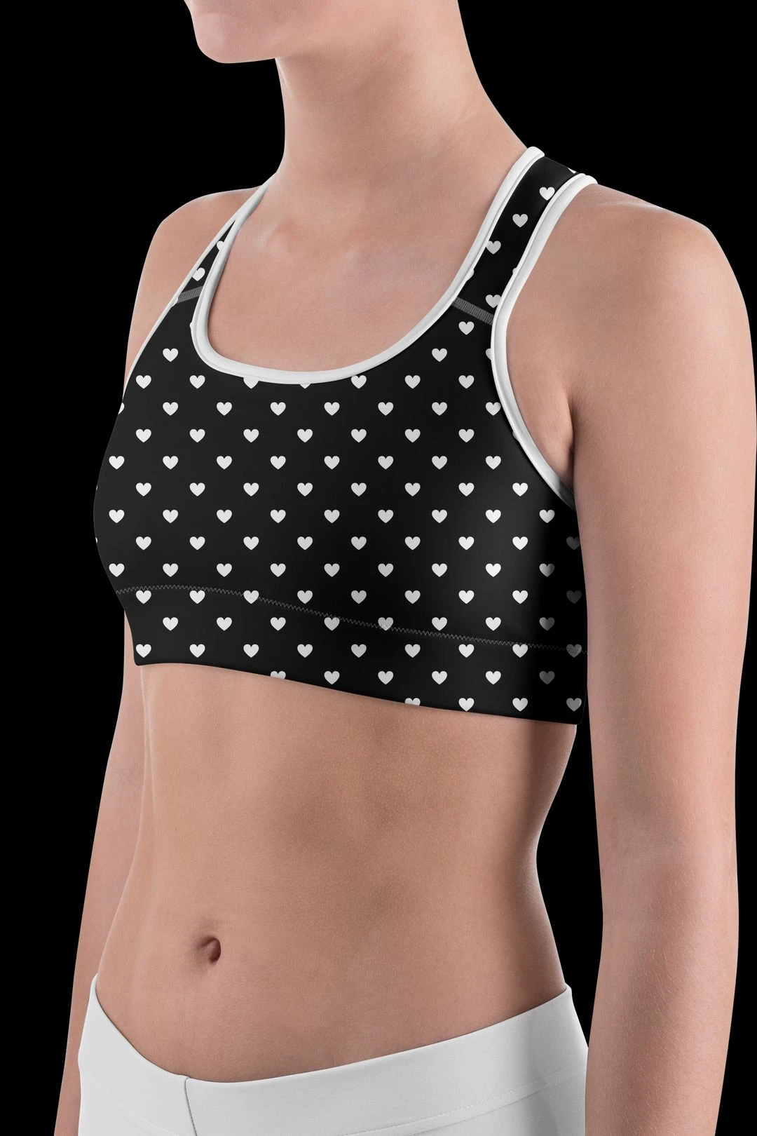 White Mini Hearts Black Sports Bra 5 White Mini Hearts Black Sports Bra - Image 3