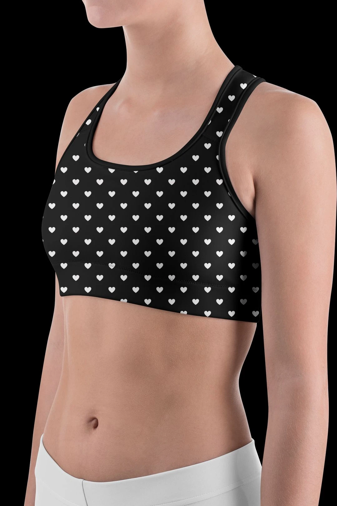 White Mini Hearts Black Sports Bra 4 White Mini Hearts Black Sports Bra - Image 2