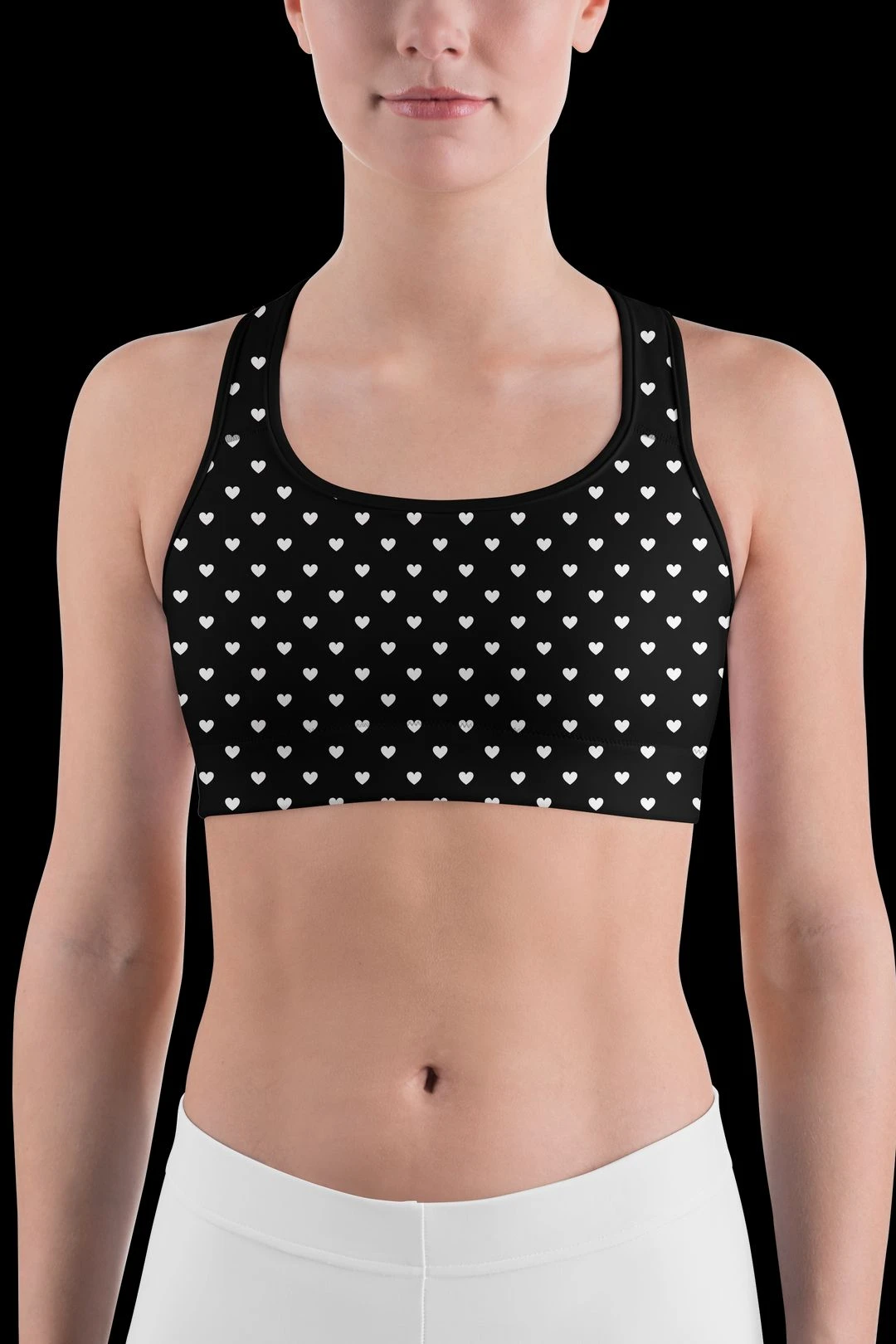 White Mini Hearts Black Sports Bra 3 White Mini Hearts Black Sports Bra