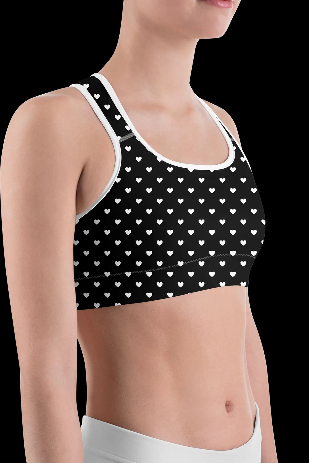 White Mini Hearts Black Sports Bra 9 White Mini Hearts Black Sports Bra - Image 7