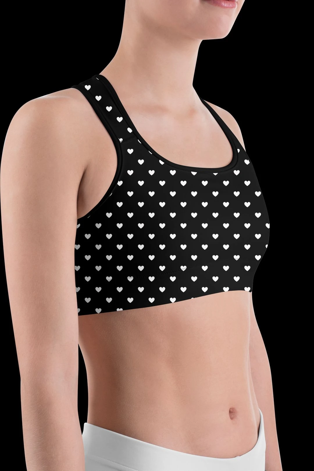 White Mini Hearts Black Sports Bra 8 White Mini Hearts Black Sports Bra - Image 6