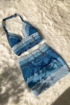 Denim Color Block Halter Crop Top & Mini Skirt SET -Layer Outfit 16444884582481 3