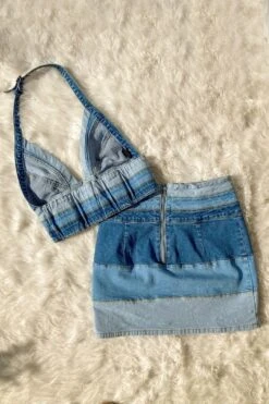 Denim Color Block Halter Crop Top & Mini Skirt SET -Layer Outfit 16444884680785 9