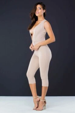 Plunged Jumpsuit Beige