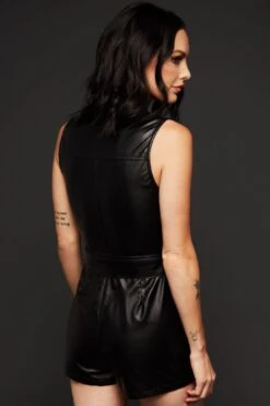 Black Faux Leather Romper Jumpsuit Overall -Layer Outfit 17067676532771 3