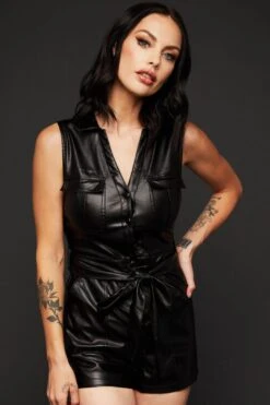 Black Faux Leather Romper Jumpsuit Overall