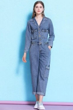 Women Casual Retro Loose One Piece Coverall Long Pants Denim Jumpsuits