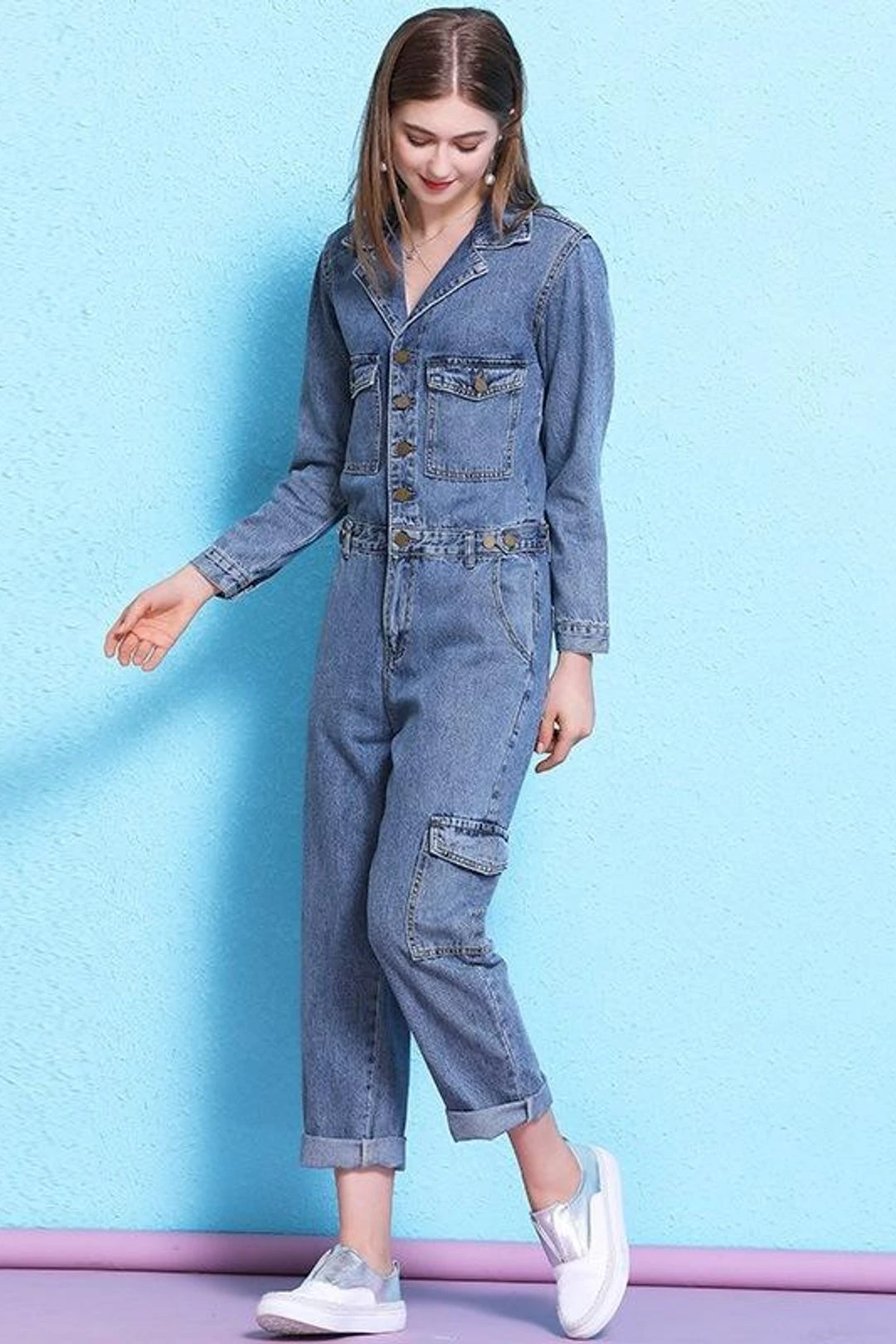 Women Casual Retro Loose One Piece Coverall Long Pants Denim Jumpsuits 7 Women Casual Retro Loose One Piece Coverall Long Pants Denim Jumpsuits - Image 5