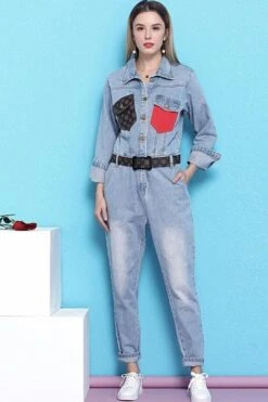 Women Casual Retro Loose One Piece Coverall Long Pants Denim Jumpsuits