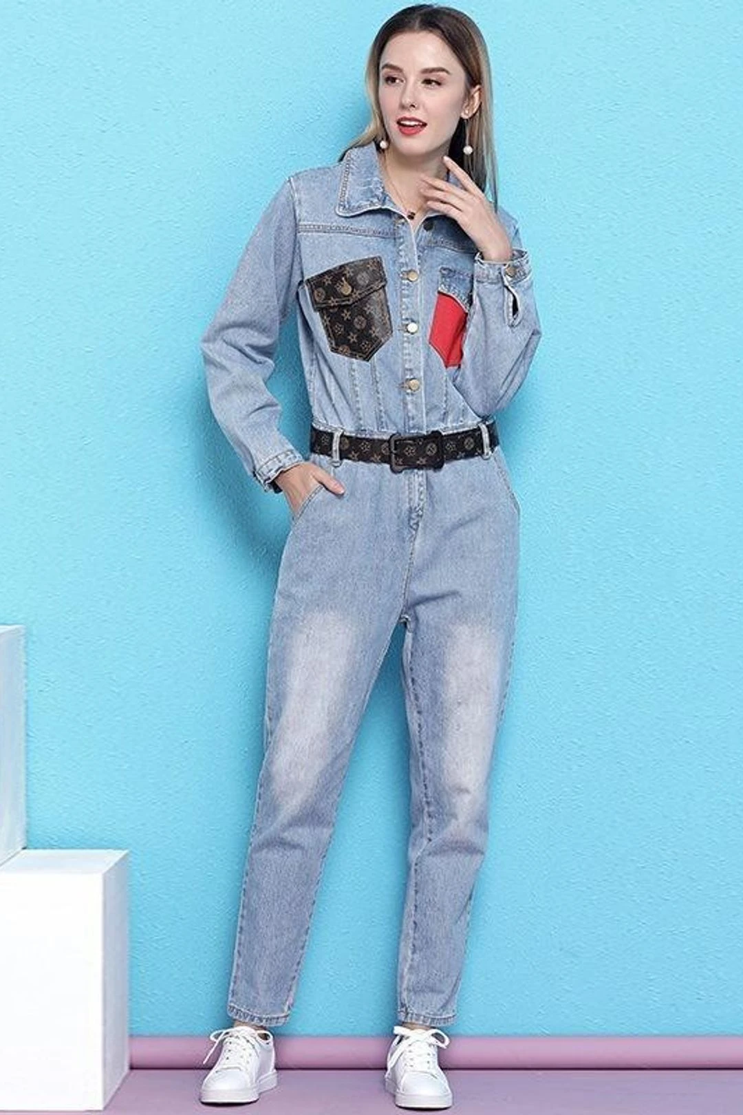 Women Casual Retro Loose One Piece Coverall Long Pants Denim Jumpsuits 4 Women Casual Retro Loose One Piece Coverall Long Pants Denim Jumpsuits - Image 2