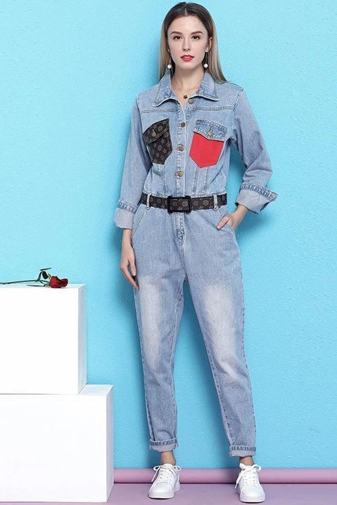Women Casual Retro Loose One Piece Coverall Long Pants Denim Jumpsuits 7 Women Casual Retro Loose One Piece Coverall Long Pants Denim Jumpsuits - Image 5