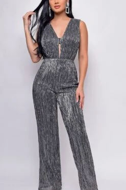Impress Silver Shimmer Deep V Flared Wide Leg Jumpsuit 7 Impress Silver Shimmer Deep V Flared Wide Leg Jumpsuit -Layer Outfit 17374174281861 3