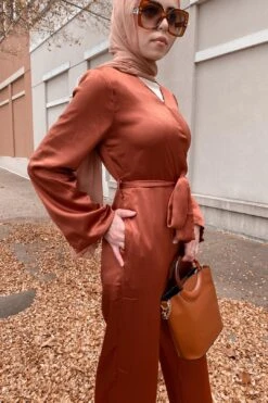 Elinor Satin Wrap Jumpsuit - Bronze -Layer Outfit 18227168935990 4