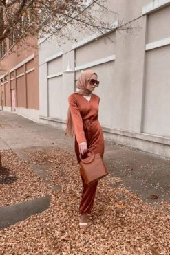 Elinor Satin Wrap Jumpsuit - Bronze -Layer Outfit 18227169296438 5