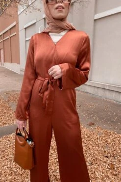 Elinor Satin Wrap Jumpsuit - Bronze -Layer Outfit 18227169689654 6