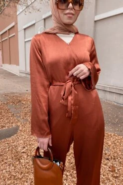 Elinor Satin Wrap Jumpsuit - Bronze -Layer Outfit 18227169984566 7