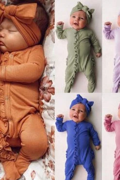 Sweet Solid Printed Fold Edge Long-sleeve Baby Jumpsuit With Headband