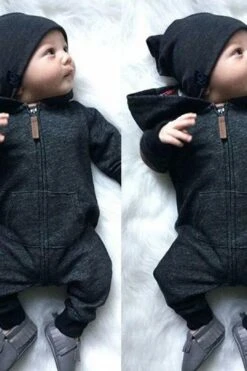 Autumn And Winter Lovely Dark Grey Printed Long-sleeve Baby Hoodie Jumpsuit