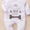 "My Siblings Have Paws" Cute Letters Bone Printed Long-sleeve Baby Jumpsuit