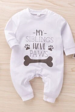 "My Siblings Have Paws" Cute Letters Bone Printed Long-sleeve Baby Jumpsuit