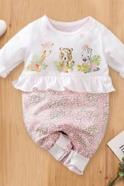 Lovely Three Animals Printed Fold Edge Long-sleeve Baby Girl Jumpsuit