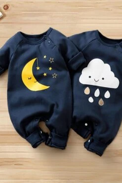 Baby Boy Girl Cartoon Moon Cloud Printed Jumpsuit