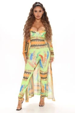 Feather Or Not Jumpsuit Set - Green/combo