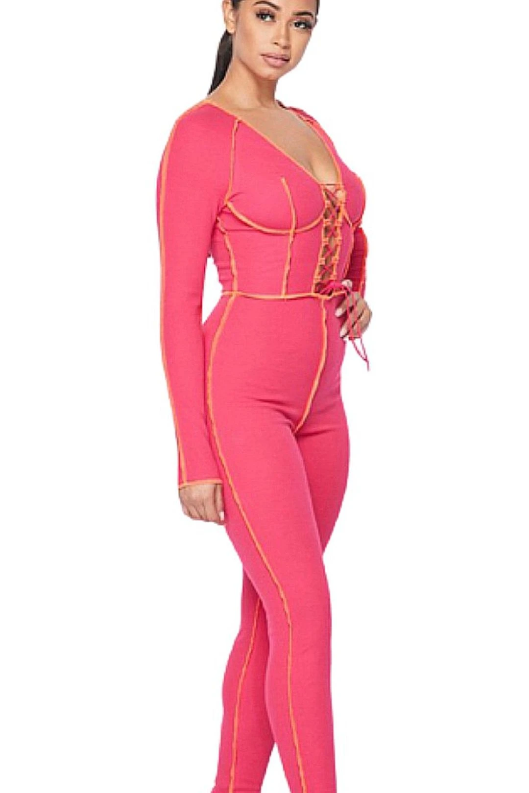 Hot Pink Yellow Exposed Seams Lace Up Jumpsuit 4 Hot Pink Yellow Exposed Seams Lace Up Jumpsuit - Image 2