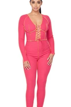 Hot Pink Yellow Exposed Seams Lace Up Jumpsuit
