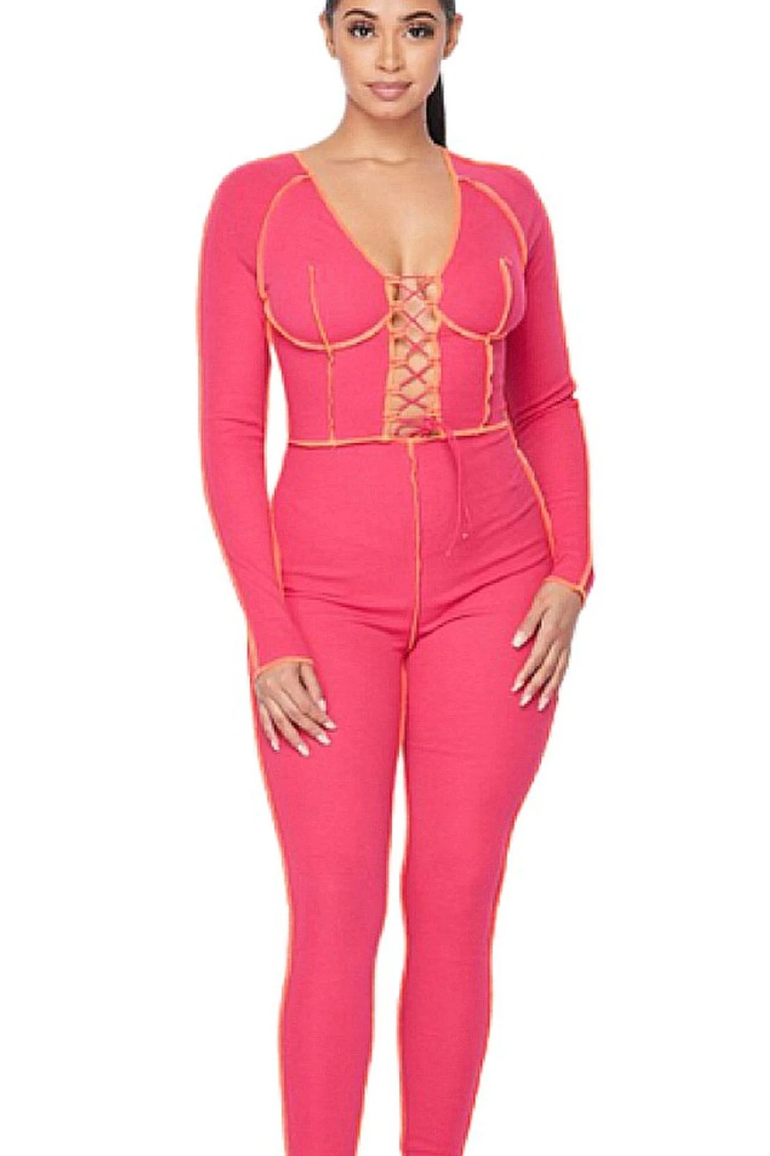 Hot Pink Yellow Exposed Seams Lace Up Jumpsuit 3 Hot Pink Yellow Exposed Seams Lace Up Jumpsuit