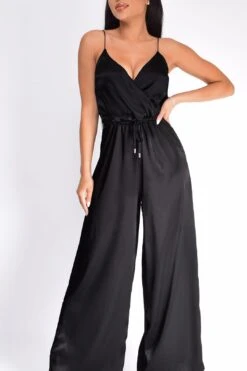 Rosalie Black Satin Cross Over Wide Leg Jumpsuit