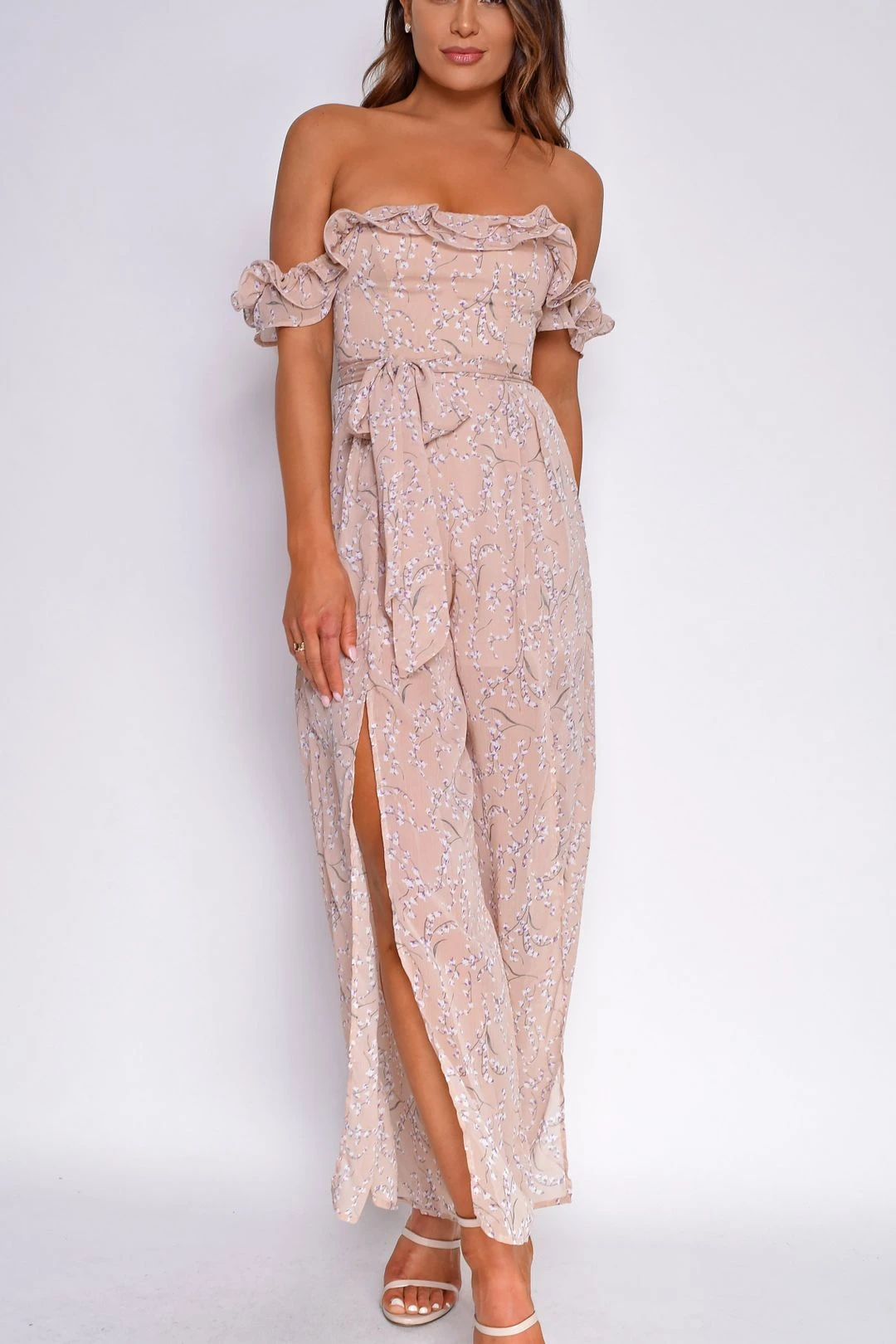 Amiya Pink Floral Print Off Shoulder Slit Leg Jumpsuit 4 Amiya Pink Floral Print Off Shoulder Slit Leg Jumpsuit - Image 2