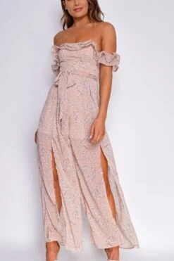 Amiya Pink Floral Print Off Shoulder Slit Leg Jumpsuit