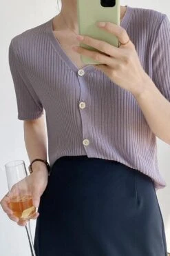 [Korean Style] V-neck Solid Color Short Sleeve Rib Knit Top -Layer Outfit 28127857737799 10