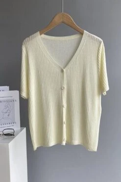 [Korean Style] V-neck Solid Color Short Sleeve Rib Knit Top -Layer Outfit 28127857836103 14