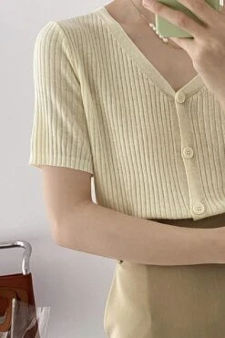 [Korean Style] V-neck Solid Color Short Sleeve Rib Knit Top -Layer Outfit 28127857868871 11