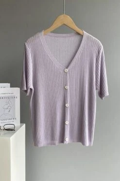 [Korean Style] V-neck Solid Color Short Sleeve Rib Knit Top -Layer Outfit 28127857901639 20