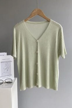 [Korean Style] V-neck Solid Color Short Sleeve Rib Knit Top -Layer Outfit 28127857934407 17