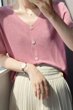 [Korean Style] V-neck Solid Color Short Sleeve Rib Knit Top -Layer Outfit 28127858294855 6